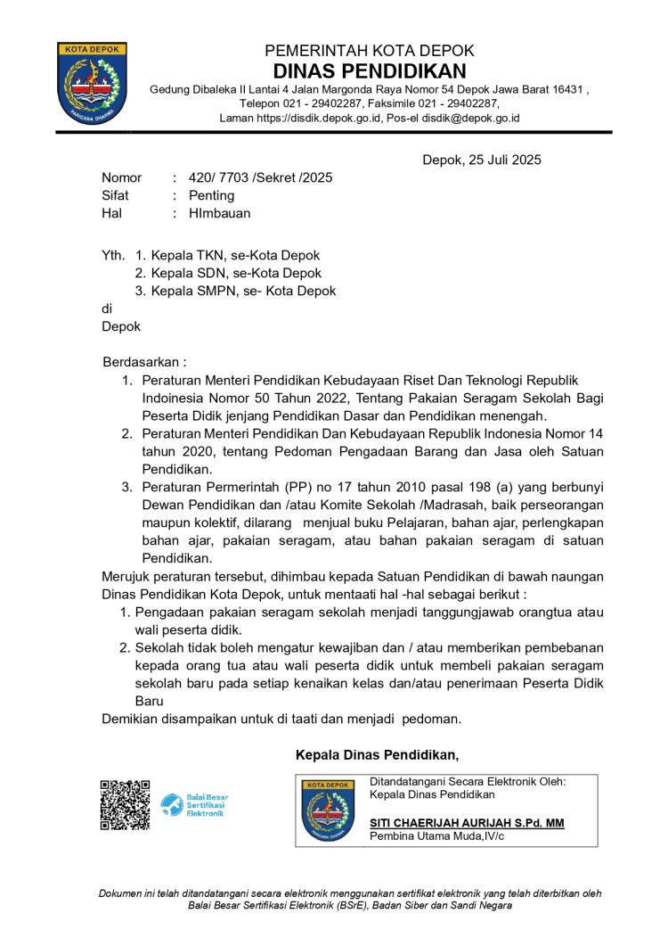 Disdik Depok: Komite dan Sekolah Dilarang Jual Seragam