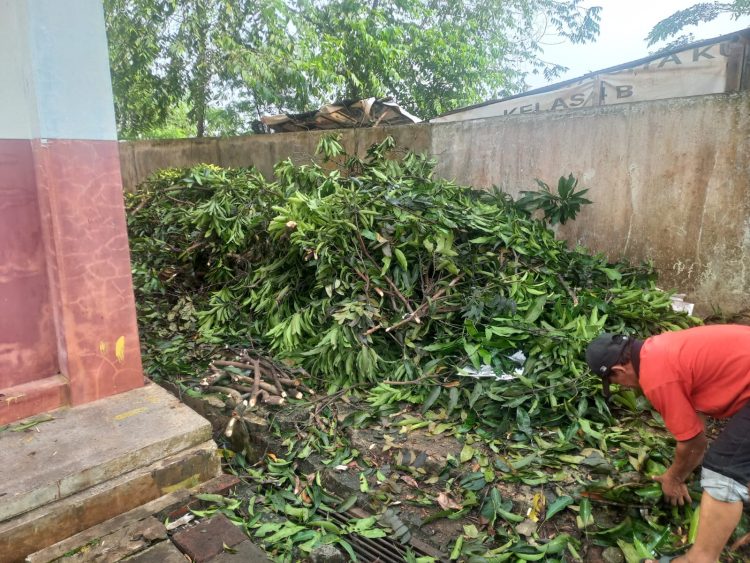 Cegah Bahaya, SDN Curug 01 dan LPM Lakukan Pemangkasan Pohon Sekitar Sekolah
