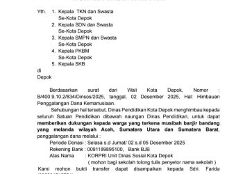 Dinas Pendidikan Kota Depok Ajak Satuan Pendidikan Galang Dana untuk Korban Banjir Bandang di Aceh, Sumatera Utara, dan Sumatera Barat