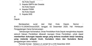 Dinas Pendidikan Kota Depok Ajak Satuan Pendidikan Galang Dana untuk Korban Banjir Bandang di Aceh, Sumatera Utara, dan Sumatera Barat