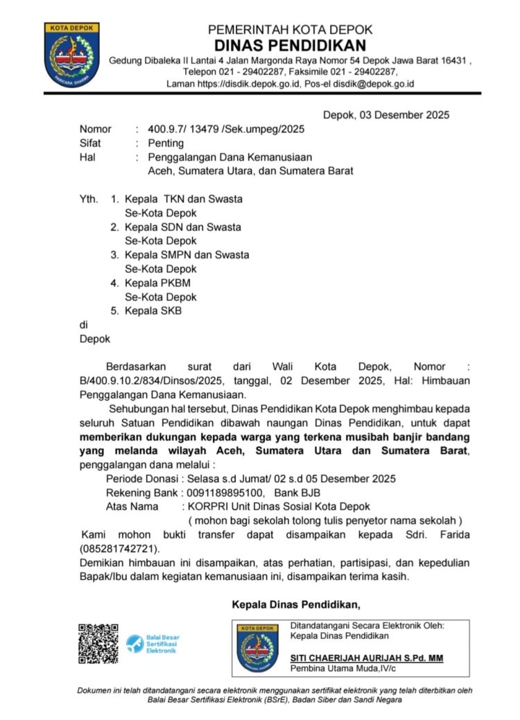 Dinas Pendidikan Kota Depok Ajak Satuan Pendidikan Galang Dana untuk Korban Banjir Bandang di Aceh, Sumatera Utara, dan Sumatera Barat