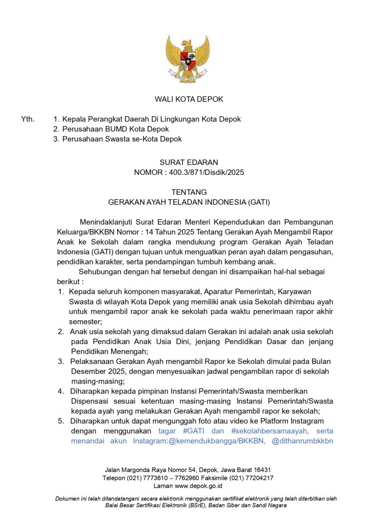 Wali Kota Depok Dorong Ayah Terlibat Langsung Ambil Rapor Anak ke Sekolah