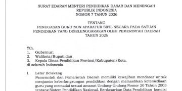 SE Nomor 7 Tahun 2026 Terbit, Guru Non-ASN Tetap Bekerja dan Digaji hingga Akhir 2026