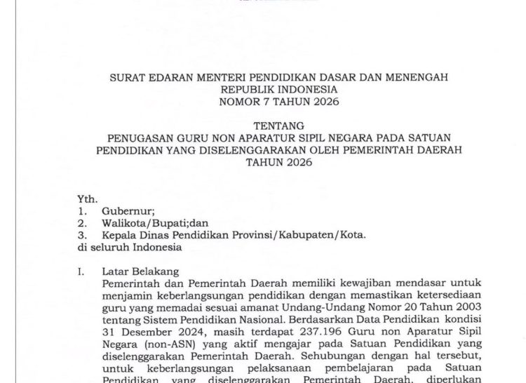 SE Nomor 7 Tahun 2026 Terbit, Guru Non-ASN Tetap Bekerja dan Digaji hingga Akhir 2026